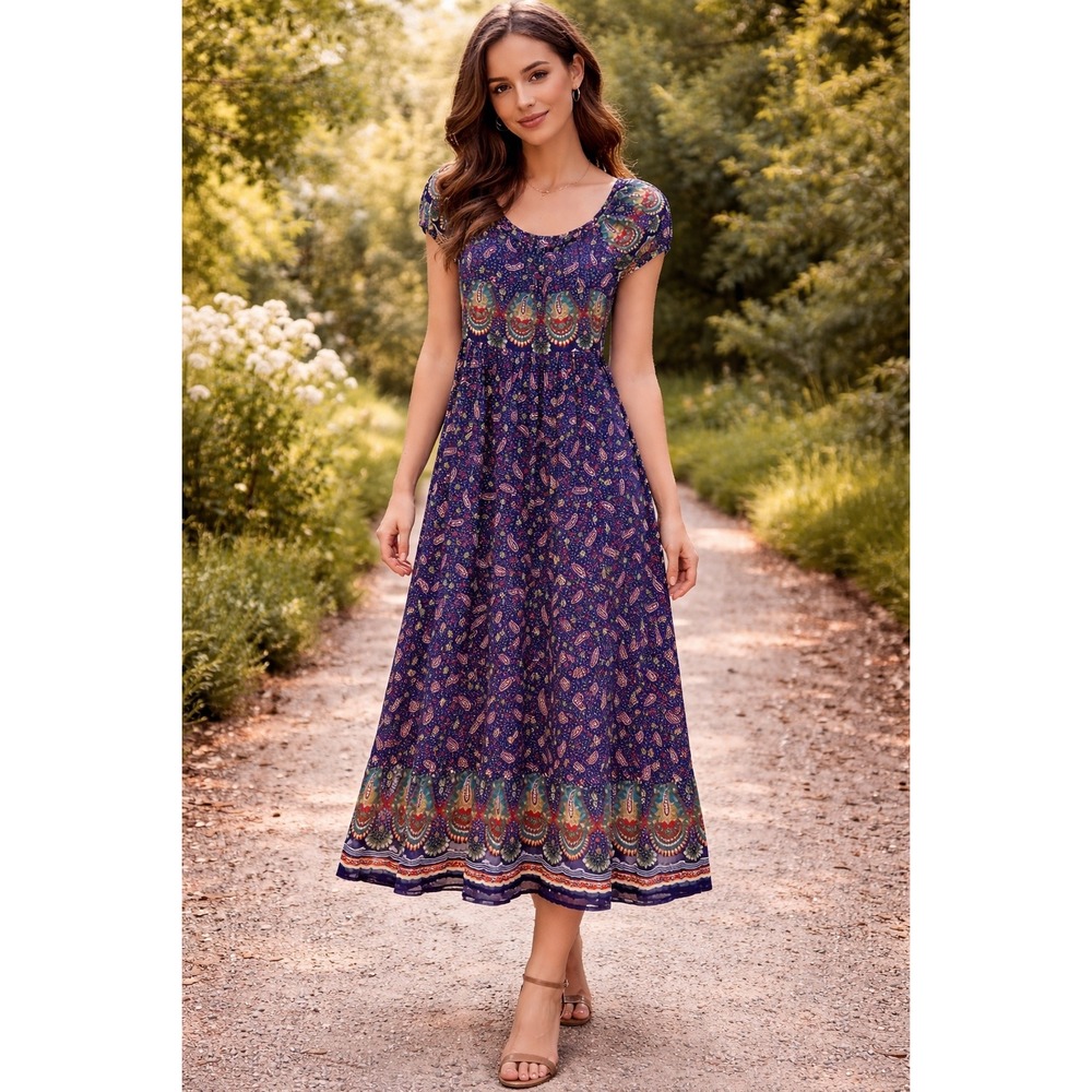 Vintage Sleeveless Tie Back Scoop Neck Blue Floral Women's Maxi Dress Boho Small